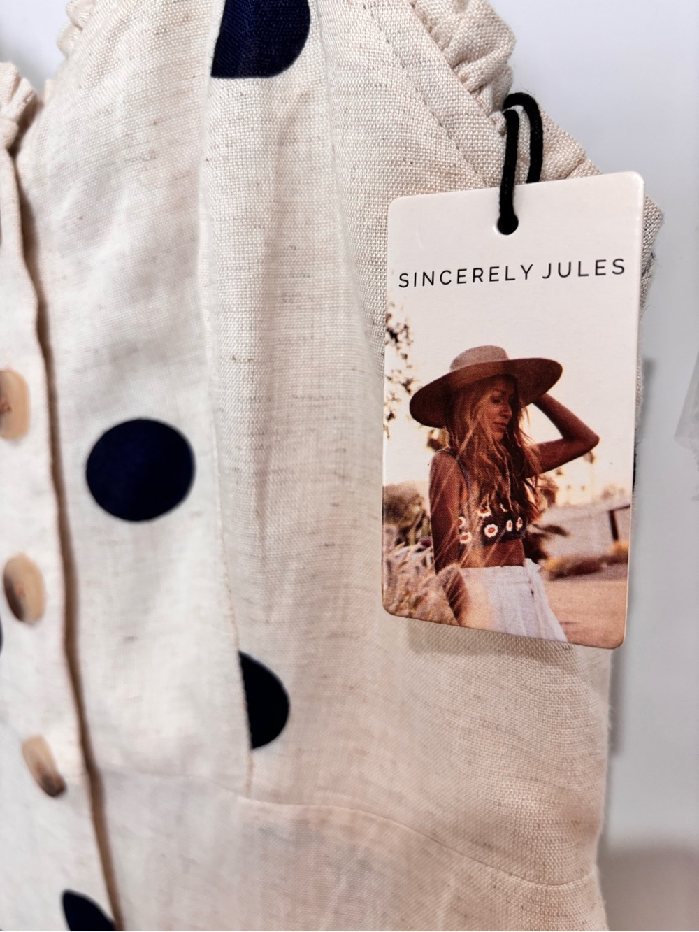 NWT Sincerely Jules Natural & Dark Navy Polka Dot Linen Blend Dress XS - Picture 7 of 12
